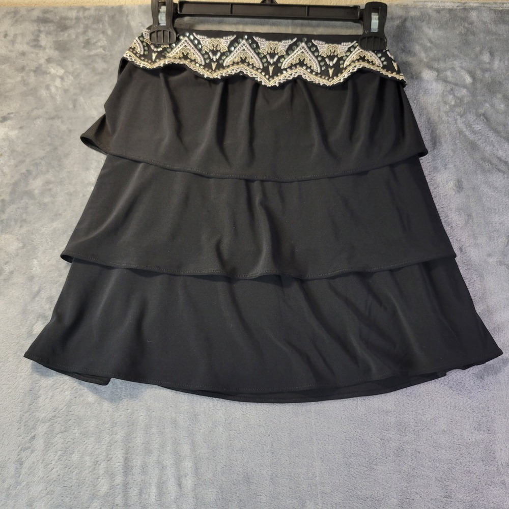 White House Black Market Womens XS Black Tiered Skirt Embroidered Trim Chic